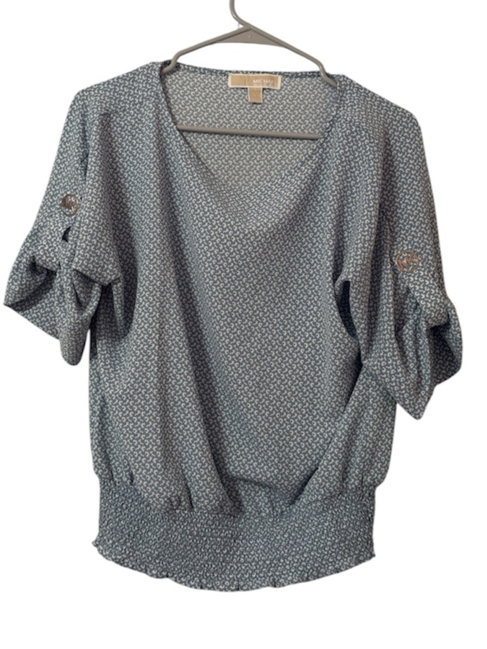 Michael Kors Blue & White Patterned Print Smocked Blouse
